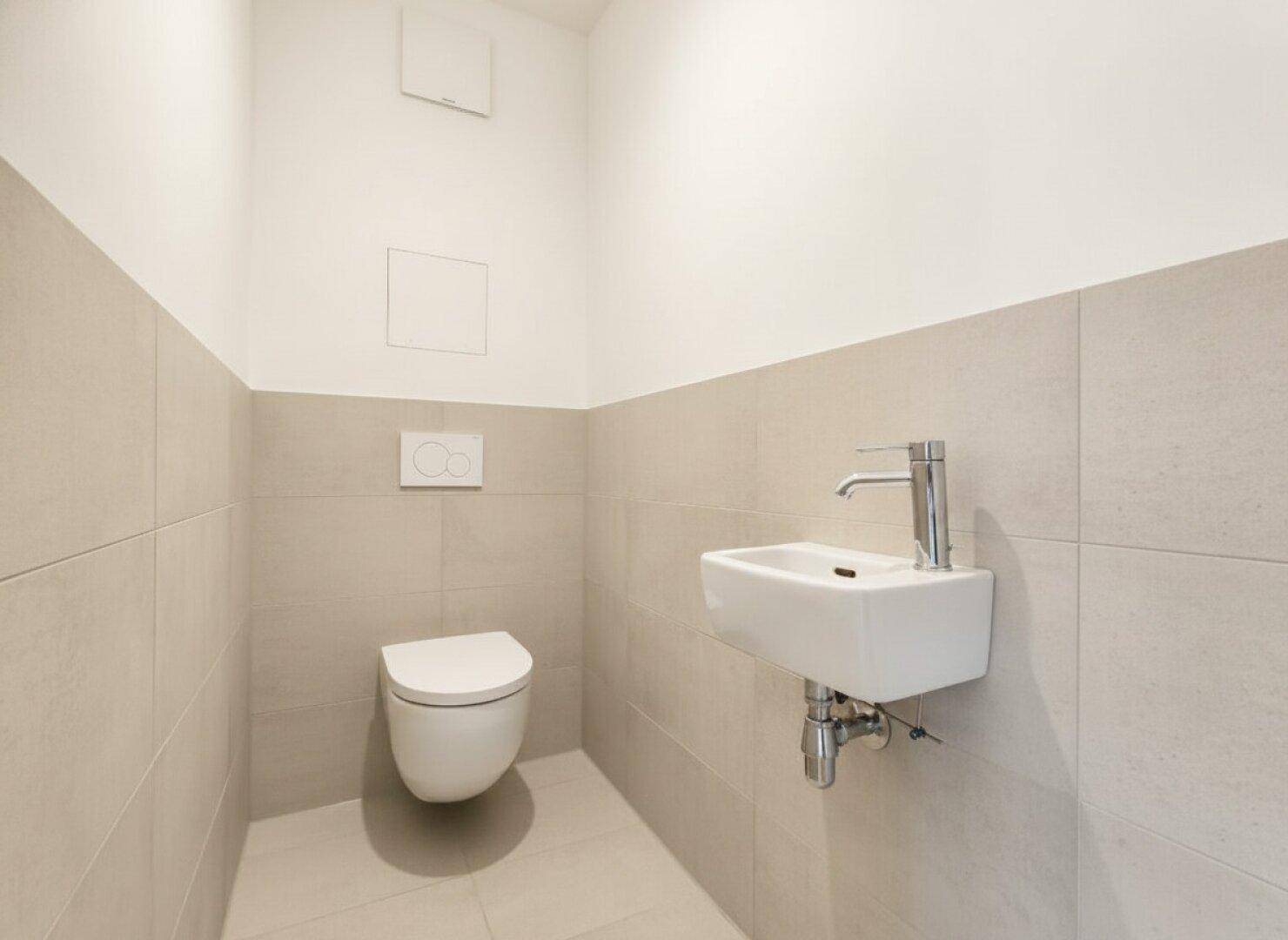 Separates Gäste-WC mit wandhängender Toilette und kleinem Waschbecken.