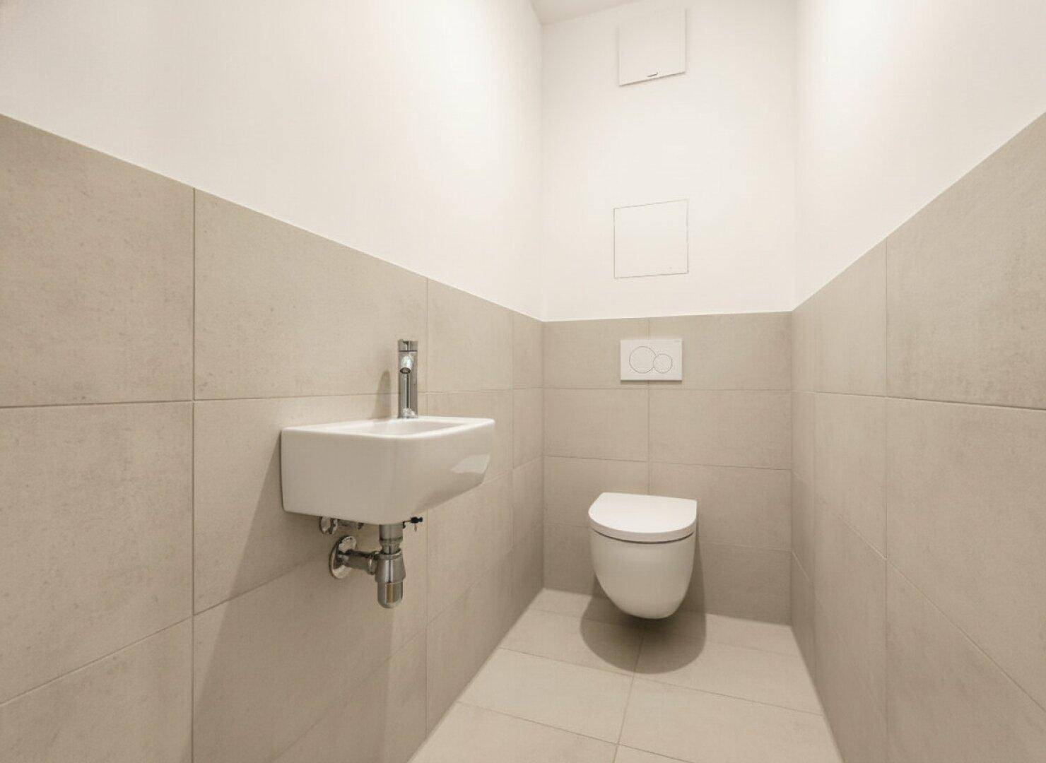 Separates Gäste-WC mit Wand-WC und kleinem Waschbecken, modern und funktional gestaltet.