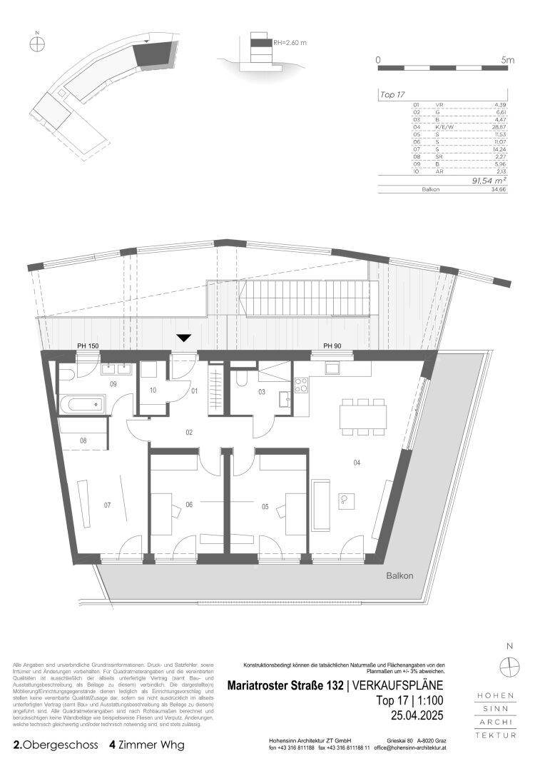 Grundriss einer 4-Zimmer-Wohnung im Obergeschoss mit Balkon und offener Raumaufteilung.