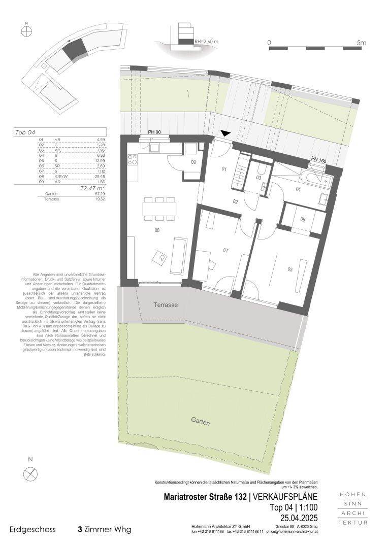 Grundriss einer 3-Zimmer-Wohnung im Erdgeschoss mit Terrasse und Garten.