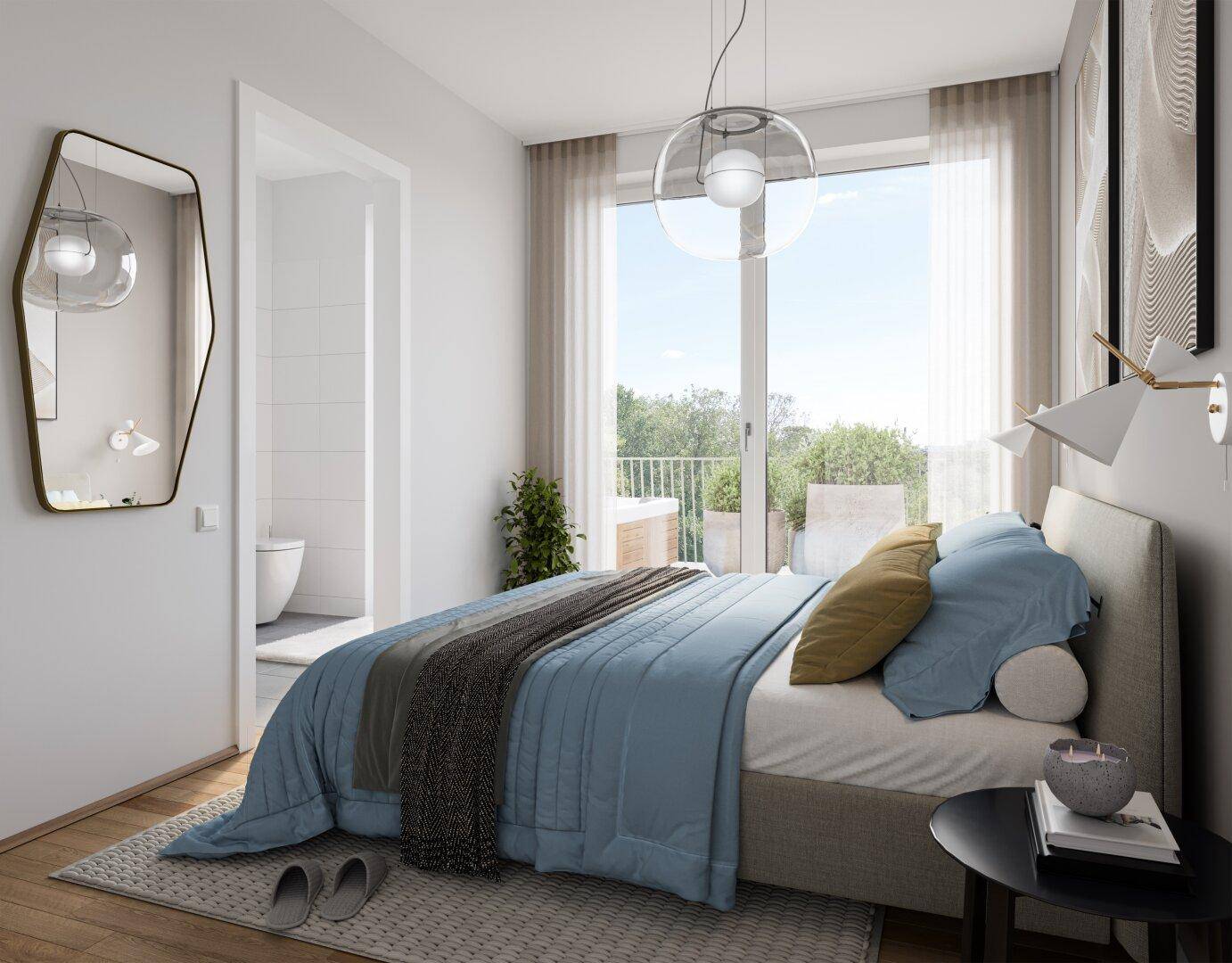 Modernes Schlafzimmer mit Zugang zum Außenbereich und angrenzendem Badezimmer, hell und stilvoll eingerichtet.