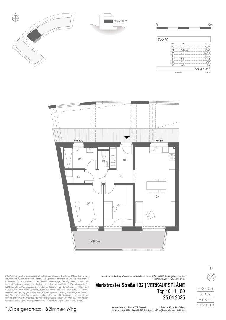 Detaillierter Grundriss einer 3-Zimmer-Wohnung mit Balkon und klarer Raumaufteilung.