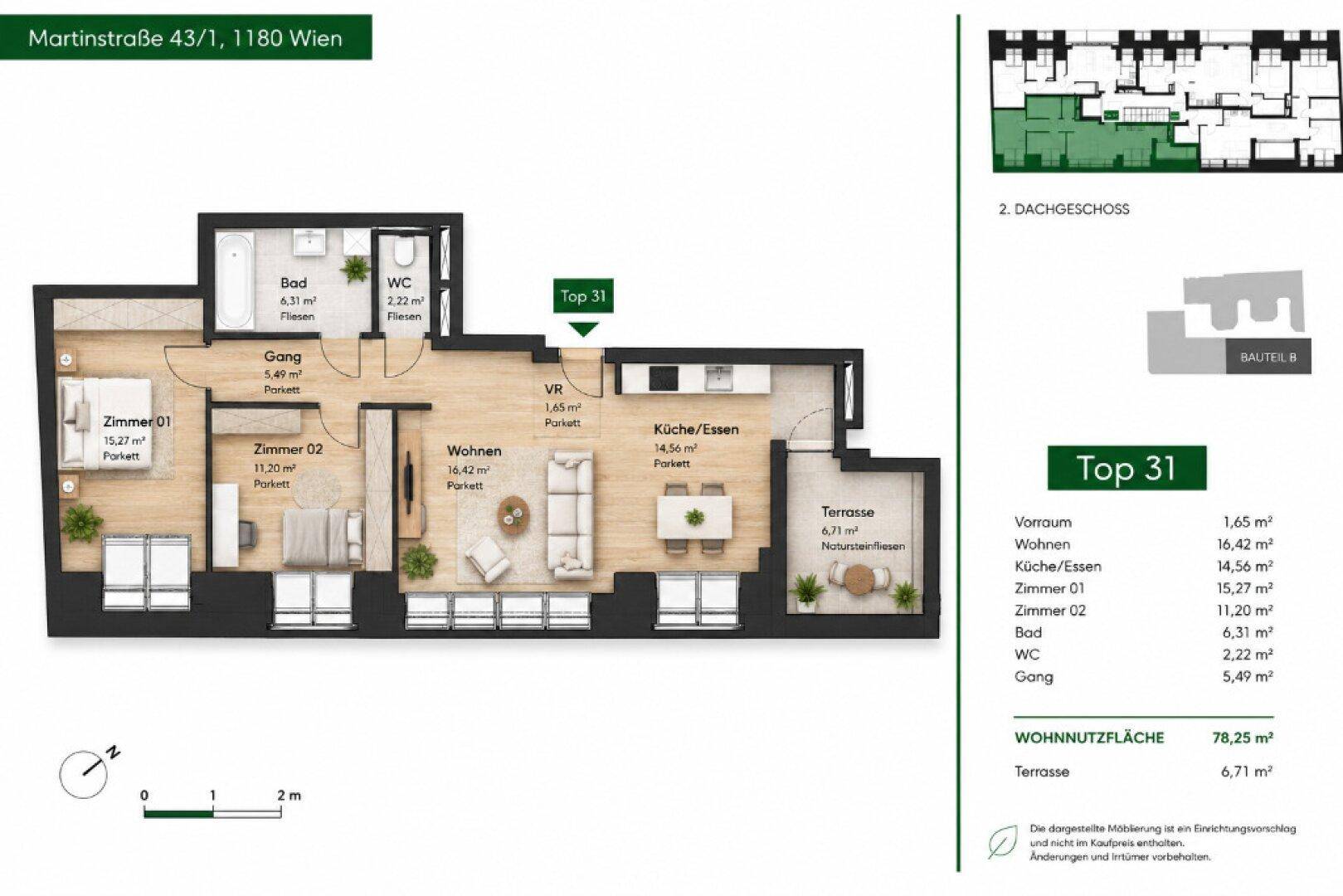 Detaillierter Grundriss der Wohnung Top 31 mit drei Zimmern, offener Küche und Terrasse.