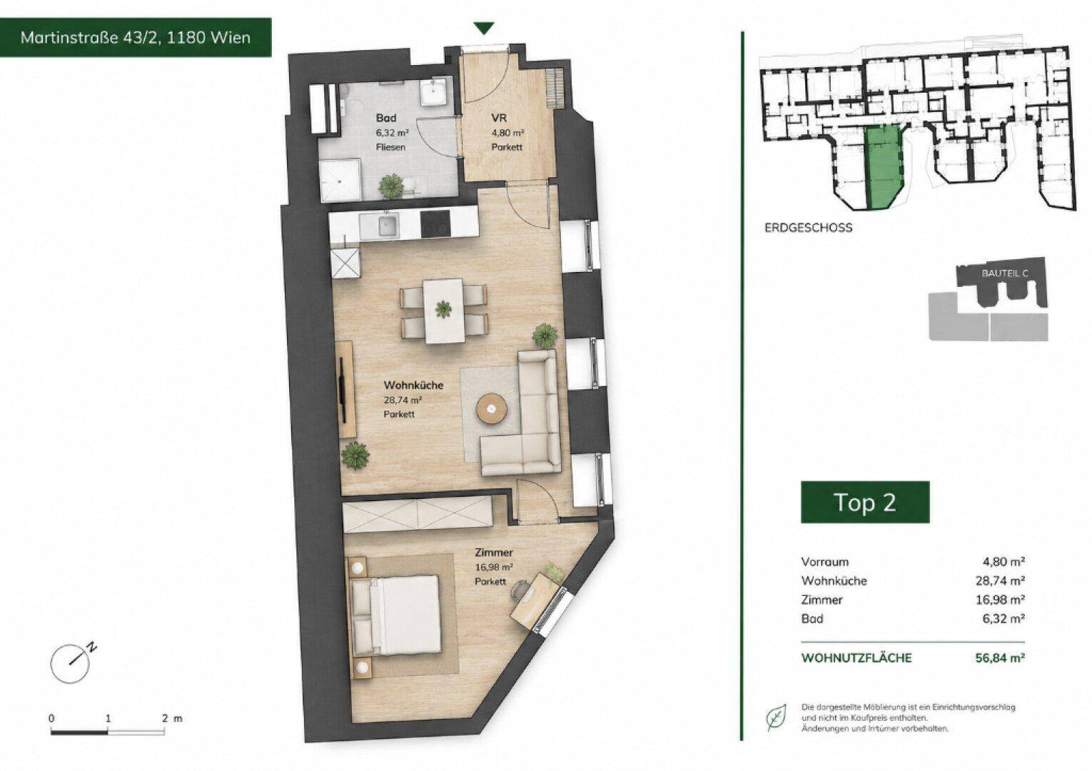 Grundriss einer Wohnung mit Wohnküche, Schlafzimmer und Bad, Gesamtfläche 56,84 m².