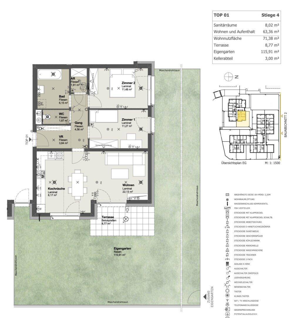 Grundriss einer Wohnung mit zwei Schlafzimmern, Terrasse und eigenem Gartenanteil.