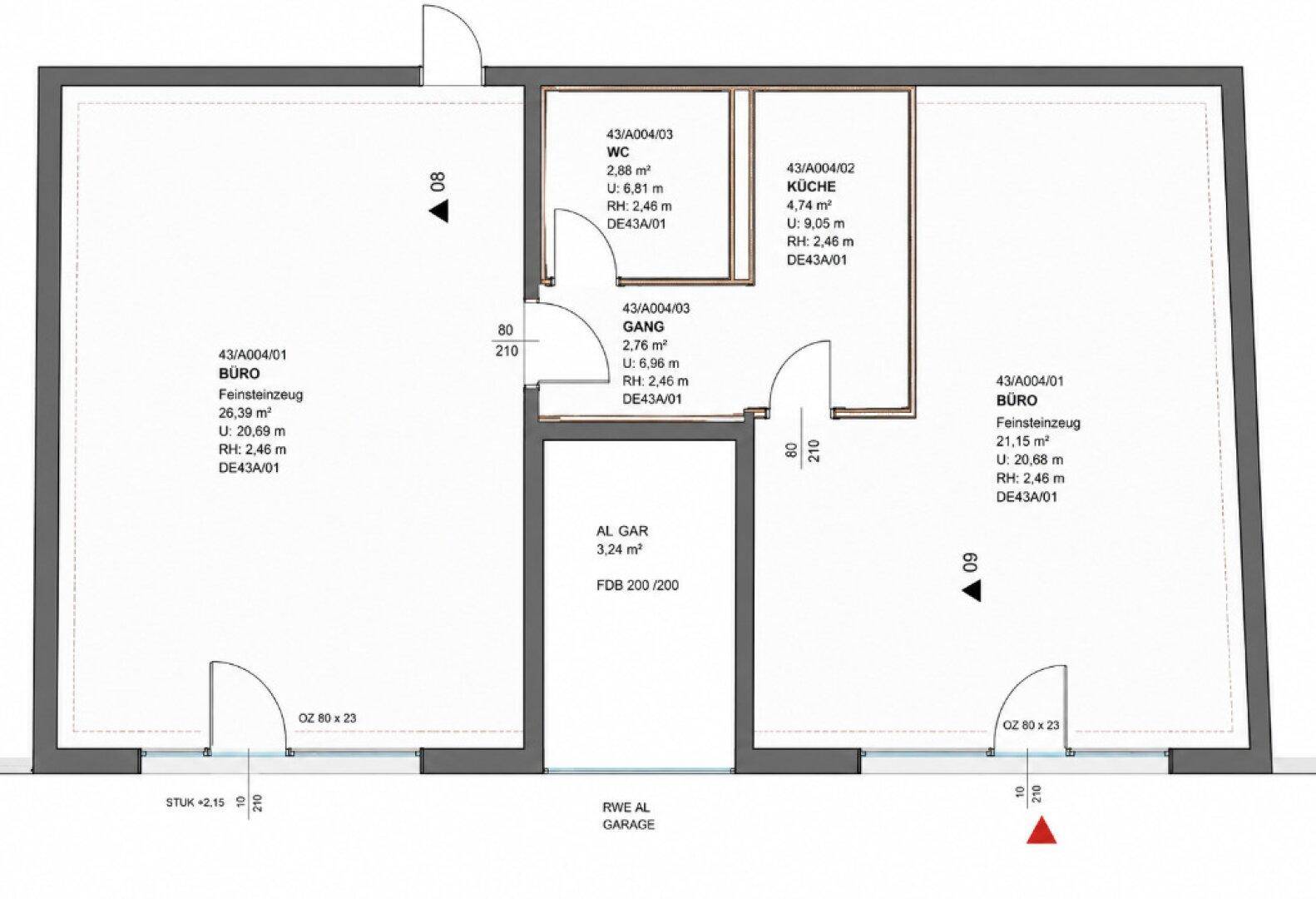 Grundrissplan mit zwei Büros, einer Küche, WC und Flur, inklusive Flächenangaben.