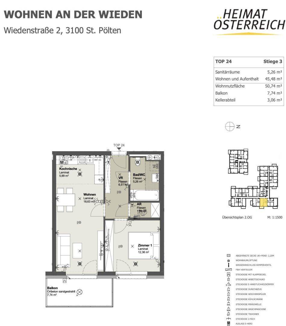 Grundriss einer Wohnung mit Kochnische, Wohnbereich, Schlafzimmer und Balkon.
