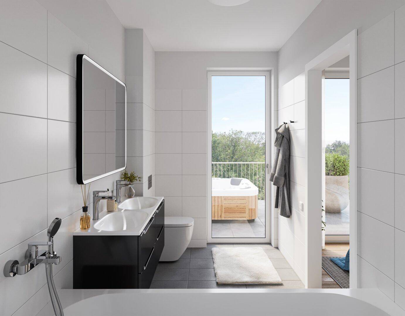 Modernes Badezimmer mit Doppelwaschbecken, Badewanne und direktem Zugang zu einer Terrasse mit Whirlpool.