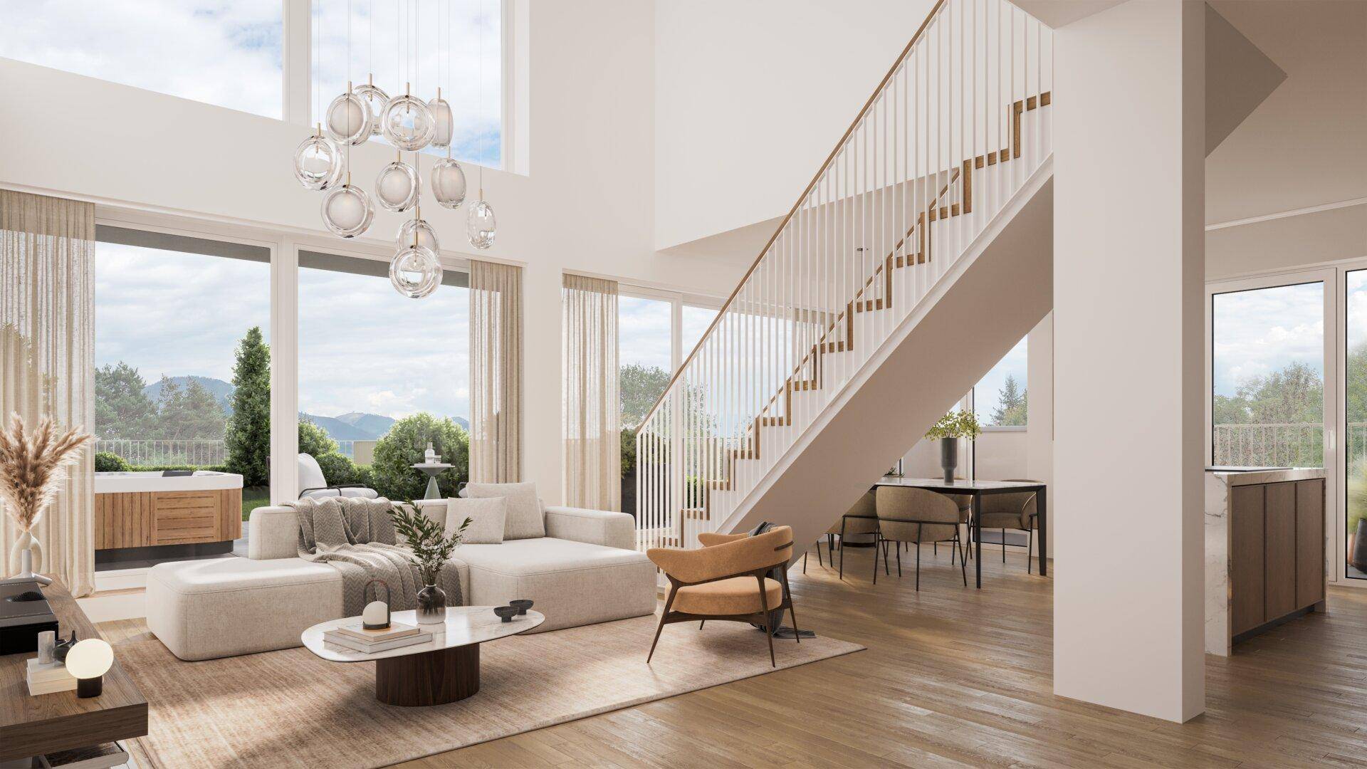 Lichtdurchfluteter Wohnbereich mit hohen Decken, offener Treppe und Blick auf die umliegende Landschaft.