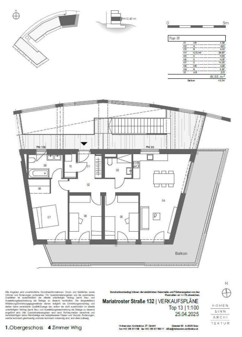 Grundriss einer 4-Zimmer-Wohnung im Obergeschoss mit Balkon und effizienter Raumaufteilung.