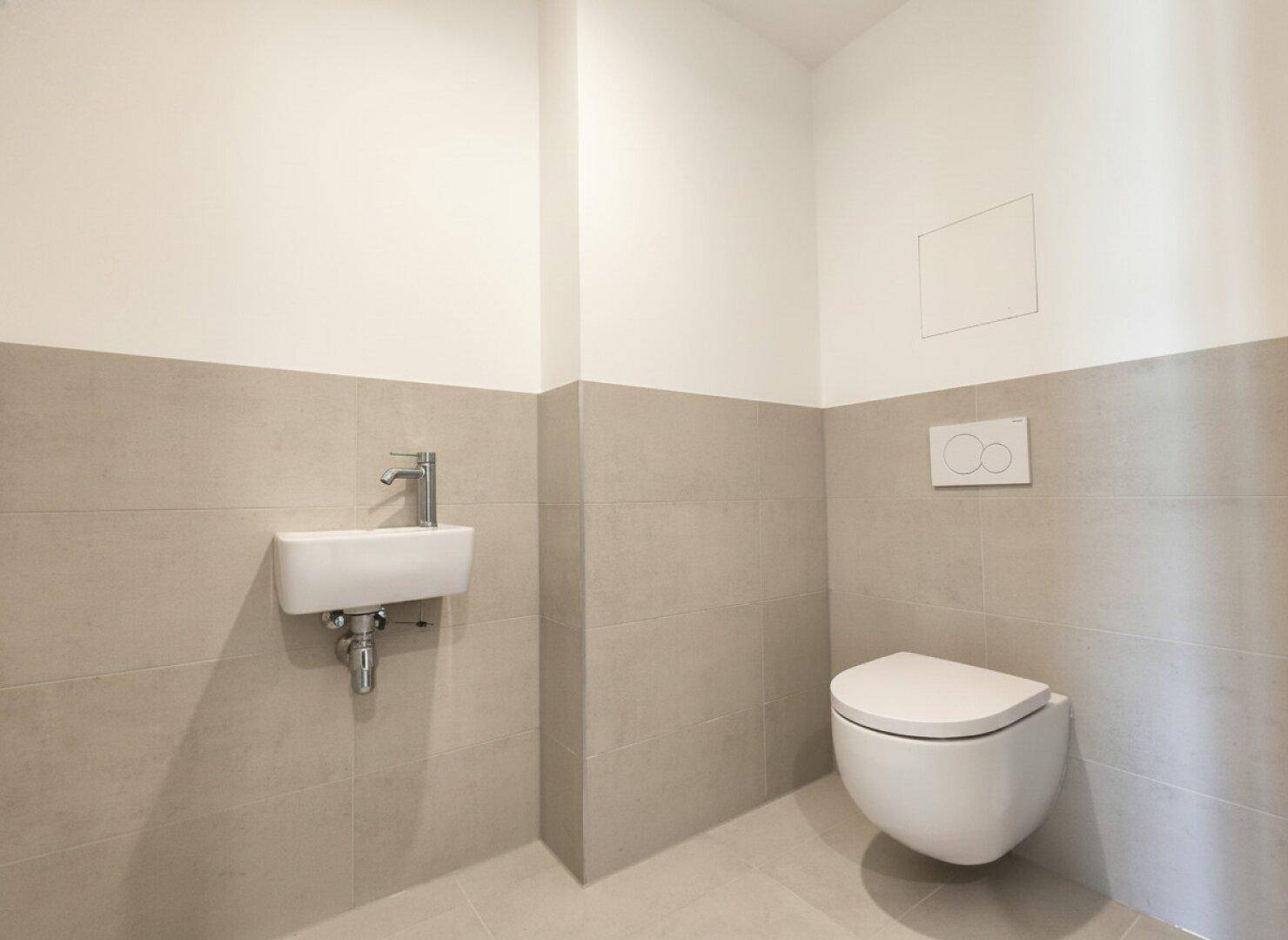 Separates Gäste-WC mit Wand-WC, kleinem Waschbecken und modernen Fliesen.