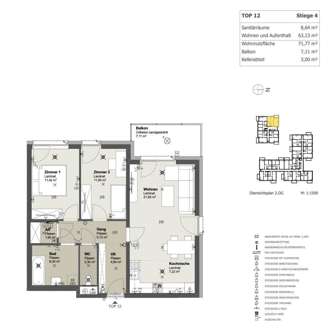 Detaillierter Grundriss einer modernen Wohnung mit Balkon und separatem WC.
