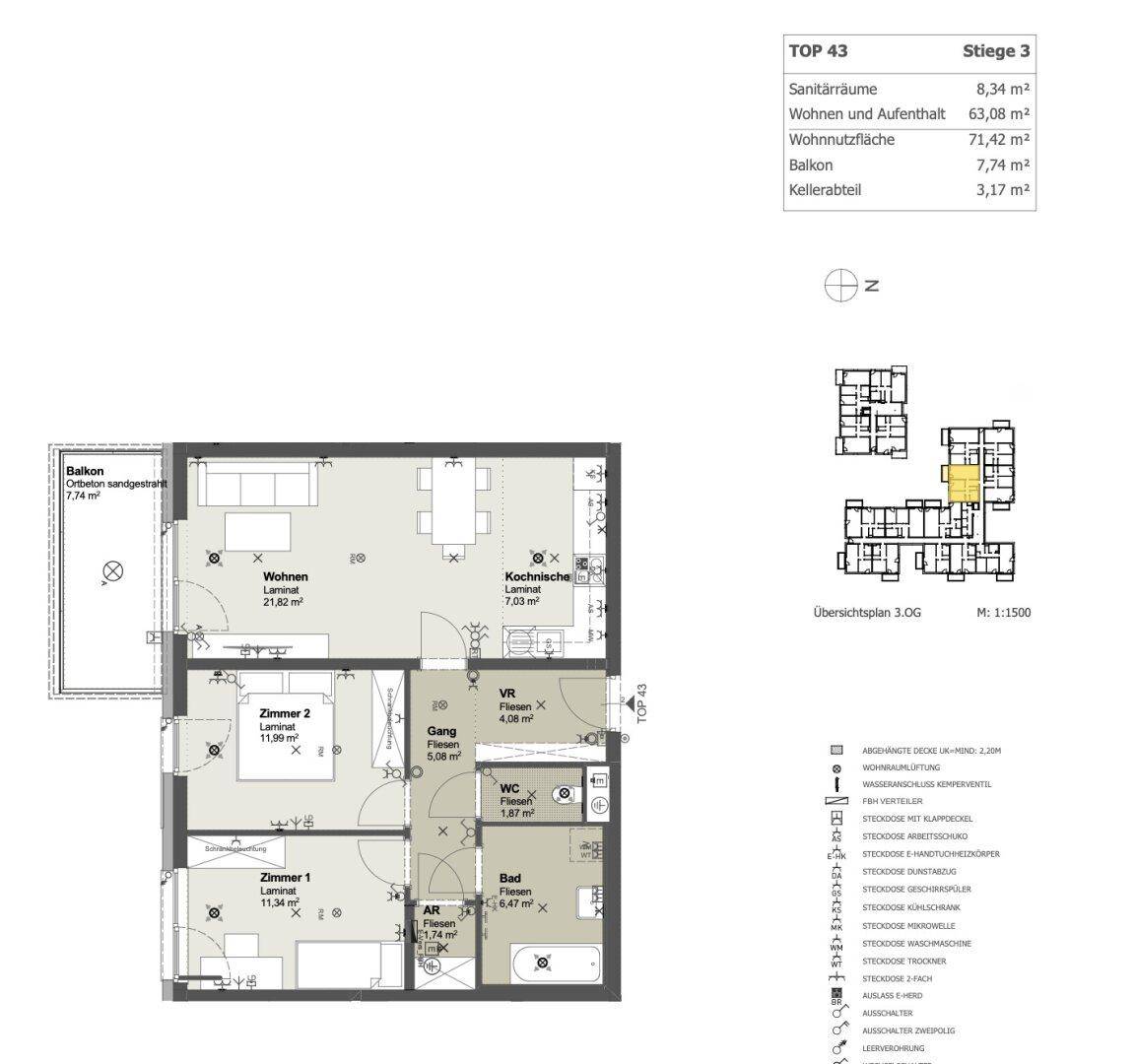 Grundriss einer Wohnung mit offenem Wohnbereich, zwei Schlafzimmern, Bad, separatem WC und Balkon.