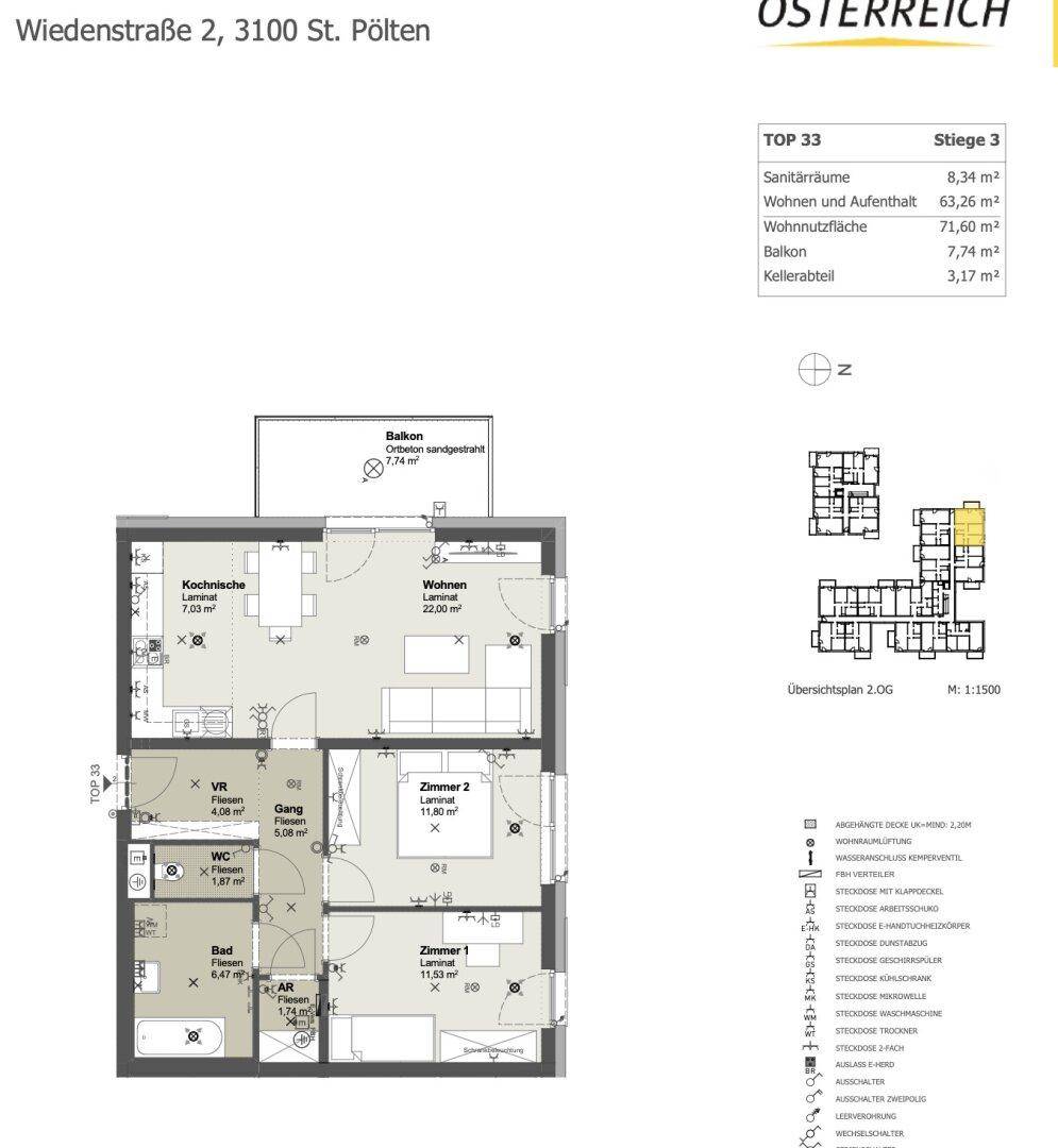 Detaillierter Grundriss einer Wohnung mit zwei Schlafzimmern, Bad, separatem WC und einem Balkon.