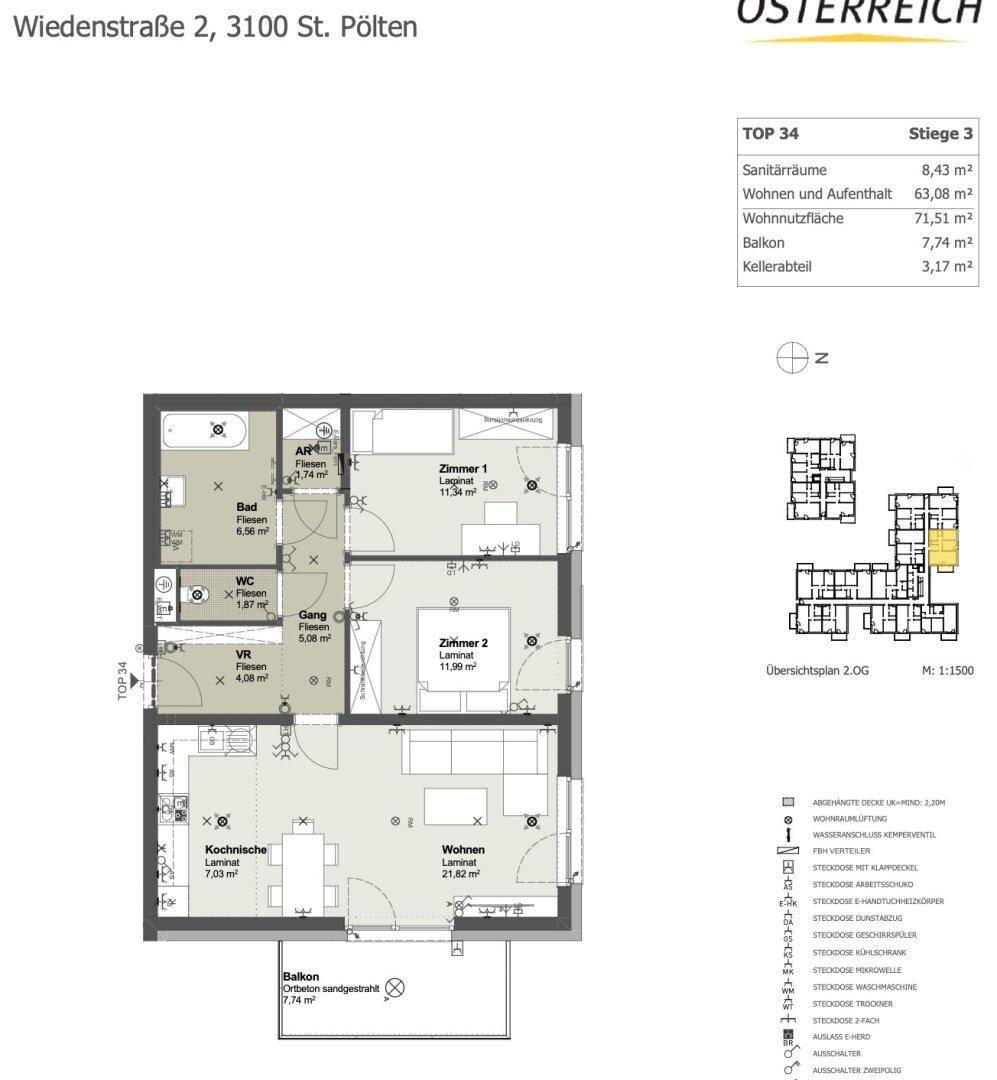Grundriss der Wohnung TOP 34 mit offenem Wohnbereich, zwei Schlafzimmern und Balkon.