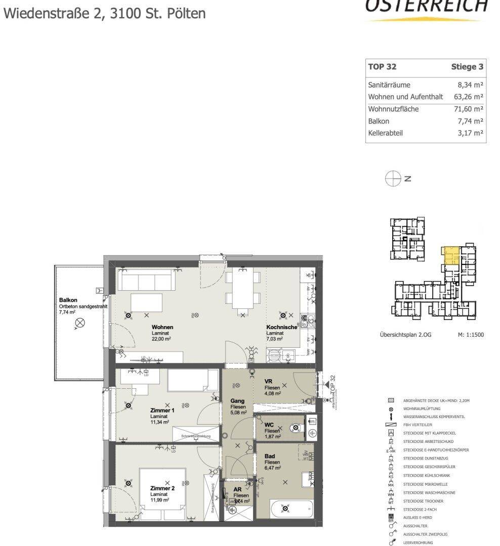 Detaillierter Grundriss einer Wohnung mit Wohnküche, zwei Zimmern und separatem WC.