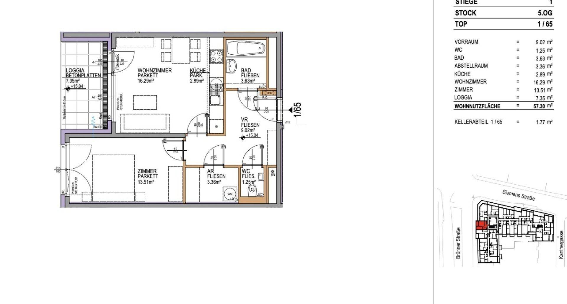 Detailansicht des Grundrisses mit klarer Raumaufteilung und integrierter Loggia.