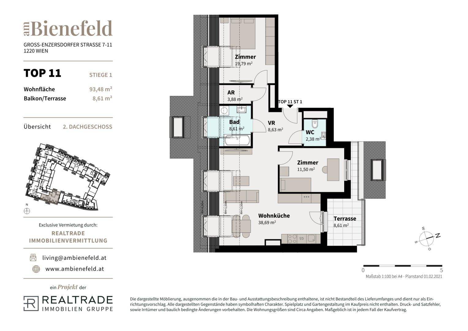Grundriss der Wohnung TOP 11 im 2. Dachgeschoss mit Wohnküche, Zimmern und Terrasse.
