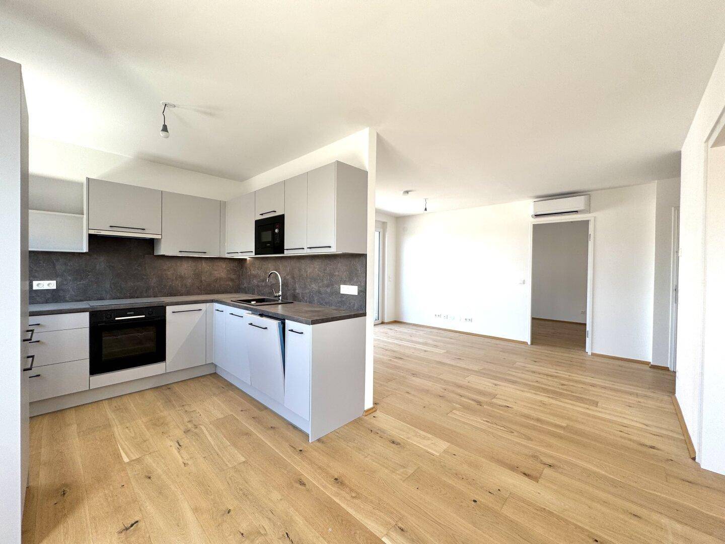 Moderne Einbauküche in hellem Grau mit dunklen Arbeitsplatten und integrierten Geräten.