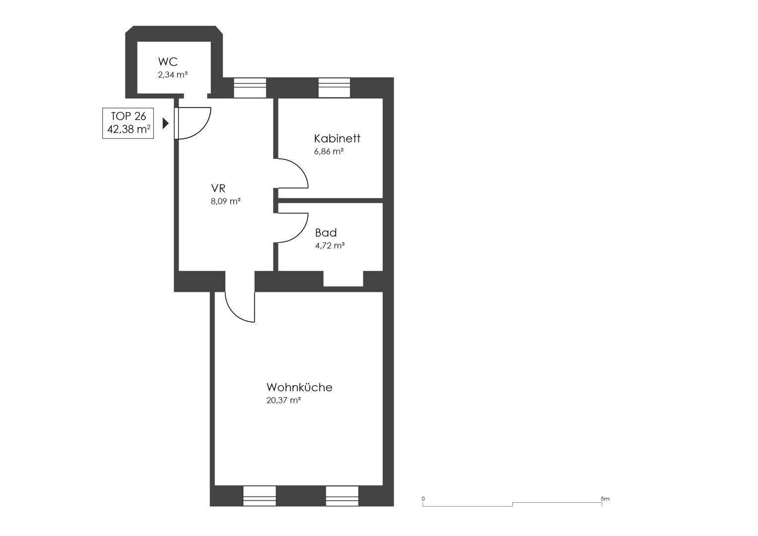 Grundriss der Wohnung mit Wohnküche, Vorraum, Kabinett, Bad und separatem WC.