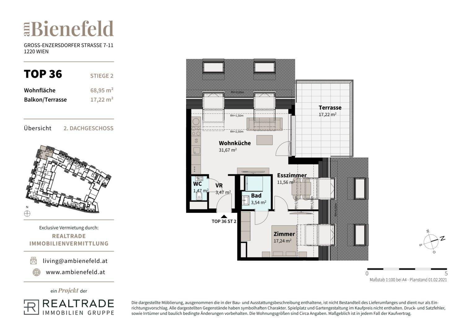 Detaillierter Grundriss der Wohnung TOP 36 mit Wohnküche und Terrasse.
