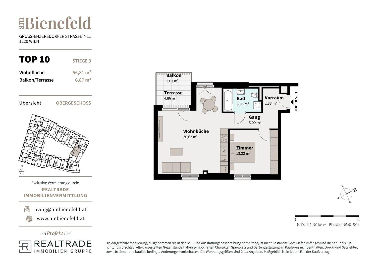 Grundriss der Wohnung TOP 10 mit Wohnküche, Schlafzimmer, Bad und Balkon/Terrasse.