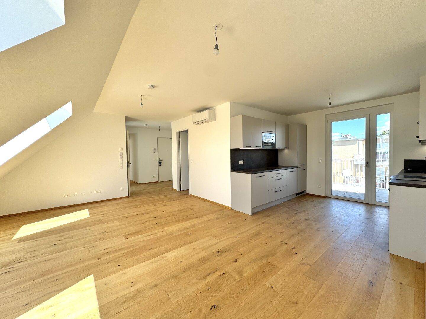 Offener Wohnbereich mit integrierter Küchenzeile, Holzboden, Dachfenster und Terrassenzugang.
