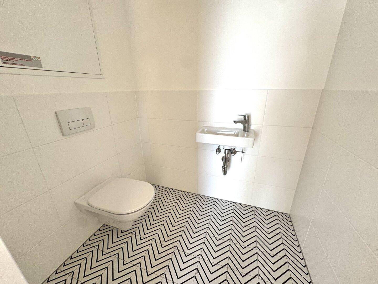 Separates WC mit wandhängender Toilette, kleinem Waschbecken und gemustertem Fliesenboden.