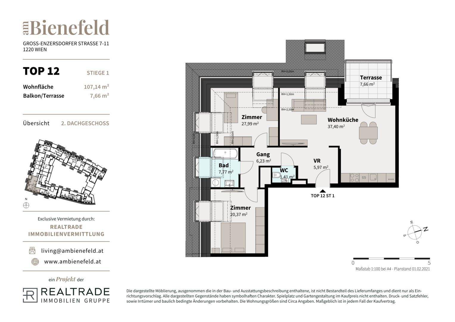 Grundriss der Wohnung TOP 12 mit zwei Zimmern, offener Wohnküche und Terrasse.