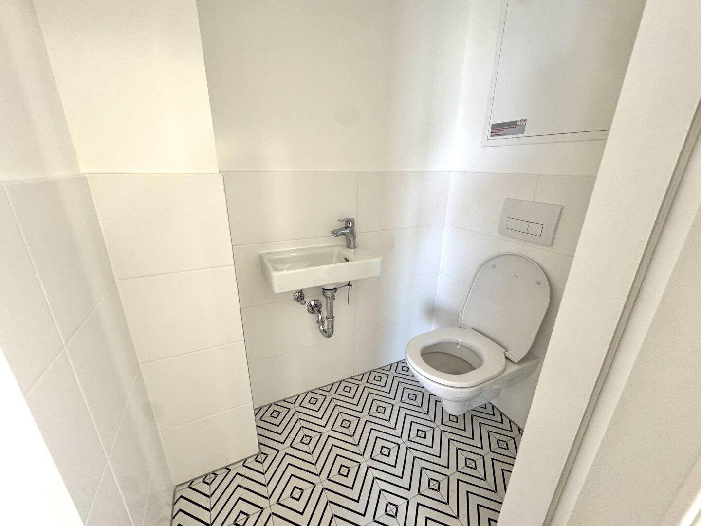 Modernes Gäste-WC mit gemusterten Bodenfliesen, wandhängendem WC und kleinem Waschbecken.