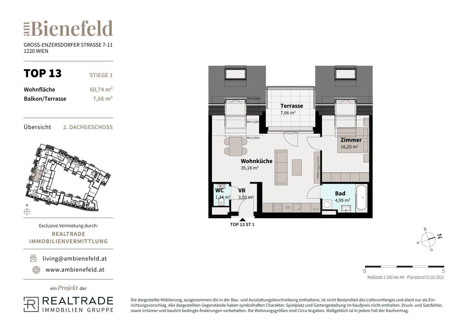 Grundriss der Wohnung TOP 13 im 2. Dachgeschoss mit Wohnküche, Zimmer und Terrasse.