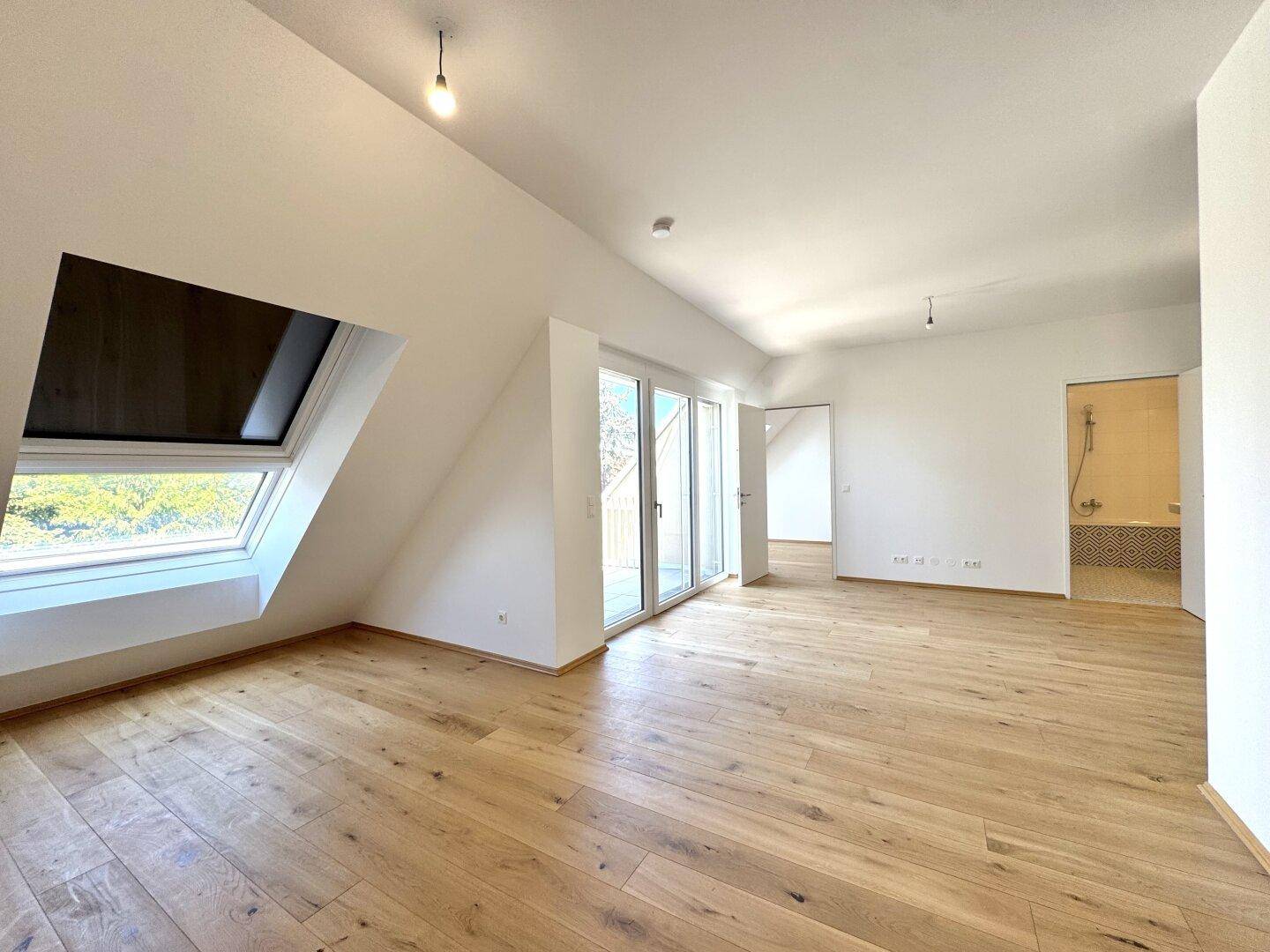 Geräumiger Raum mit Holzboden, Dachschrägen, Dachfenster und Zugang zu einem Badezimmer.