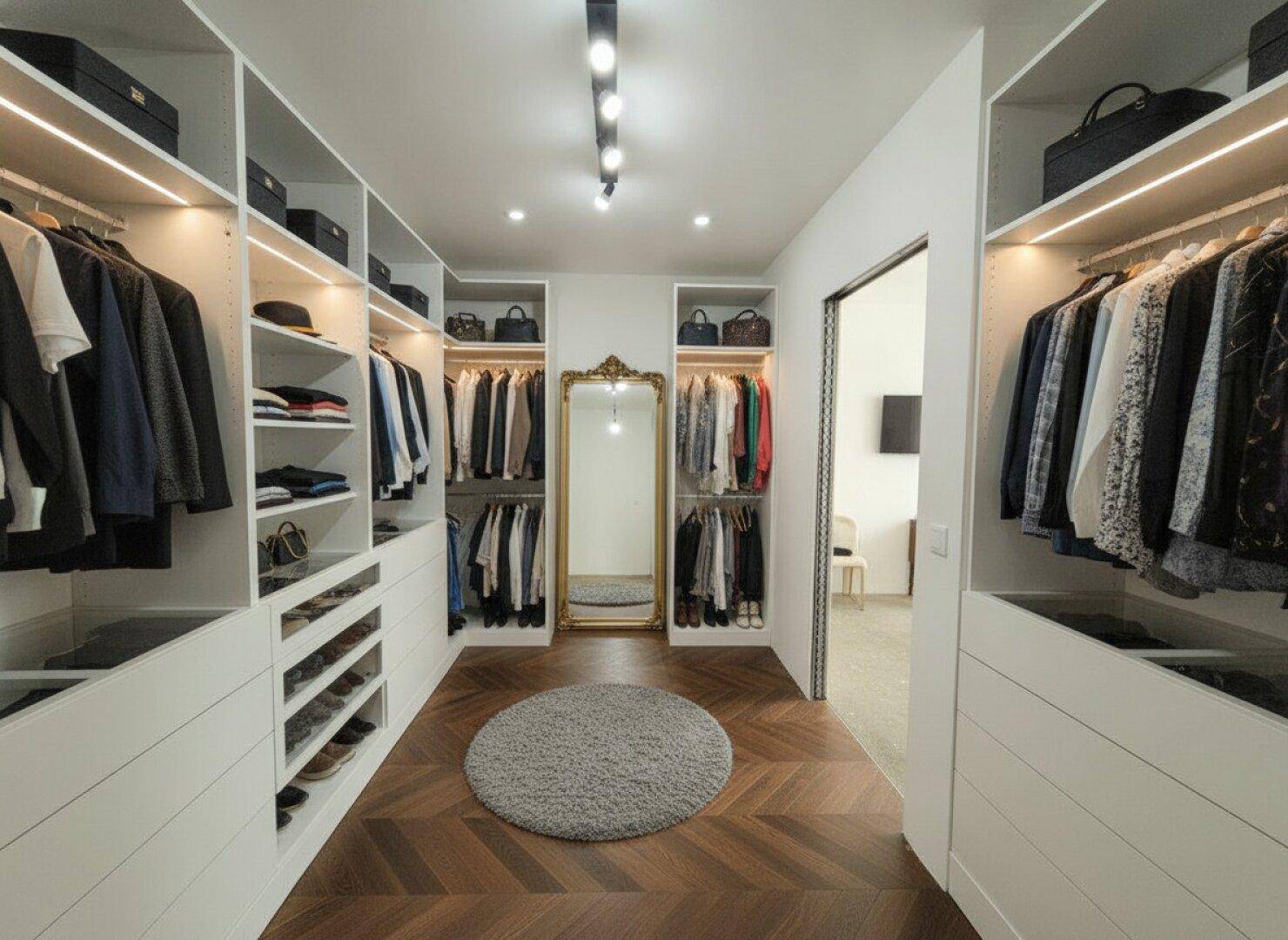 Luxuriöser begehbarer Kleiderschrank mit maßgefertigten Einbauschränken und elegantem Fischgrätparkett.