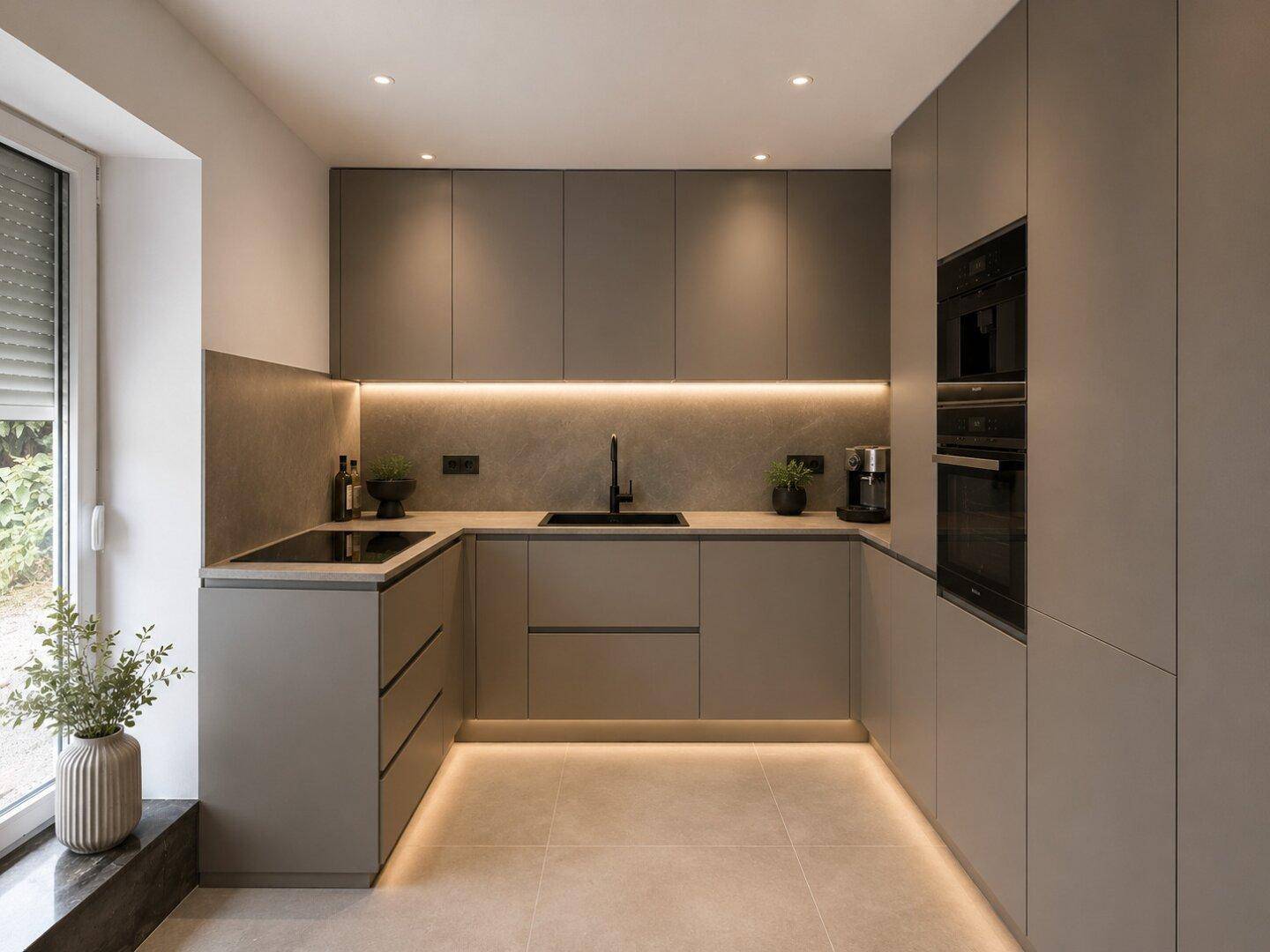 Moderne Küche mit grauen Schränken, integrierten Geräten und stilvoller Unterbau-Beleuchtung.