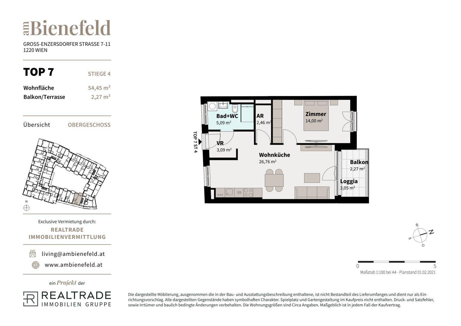 Grundriss der Wohnung Top 7 mit Wohnküche, Schlafzimmer, Bad und Balkon/Loggia.