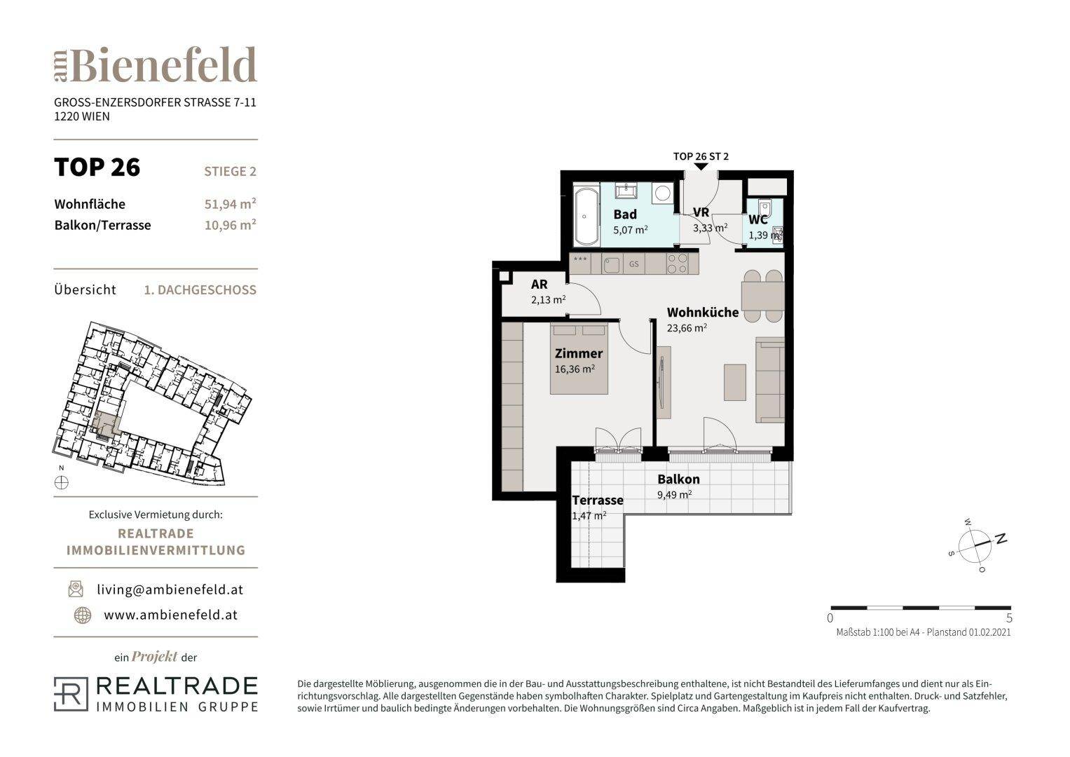 Detaillierter Grundriss der Wohnung TOP 26 mit Wohnküche, Zimmer und Balkon/Terrasse.