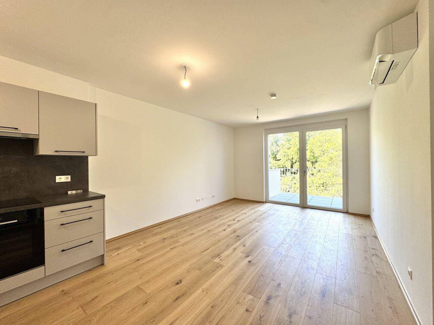 Heller offener Wohnbereich mit integrierter Küchenzeile, Holzboden und Zugang zum Balkon.