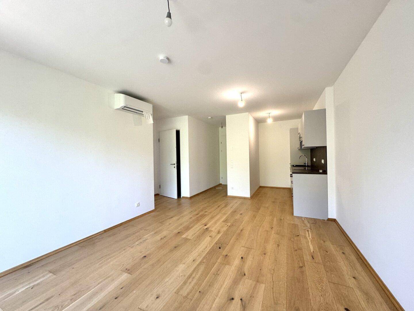 Geräumiger offener Wohnbereich mit Holzboden, weiß gestrichenen Wänden und integrierter Küchenzeile.