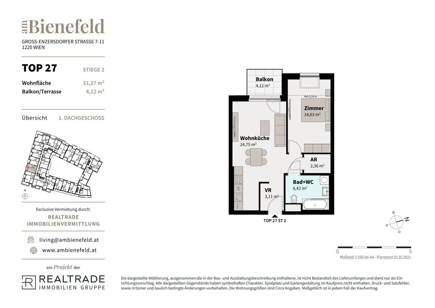 Grundriss der Wohnung TOP 27 mit Wohnküche, Zimmer, Bad und Balkon.