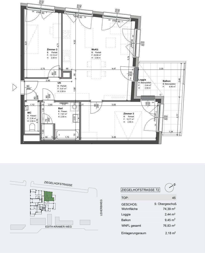 Detaillierter Grundriss der Wohnung mit Loggia und Balkon sowie Gebäudeübersicht.
