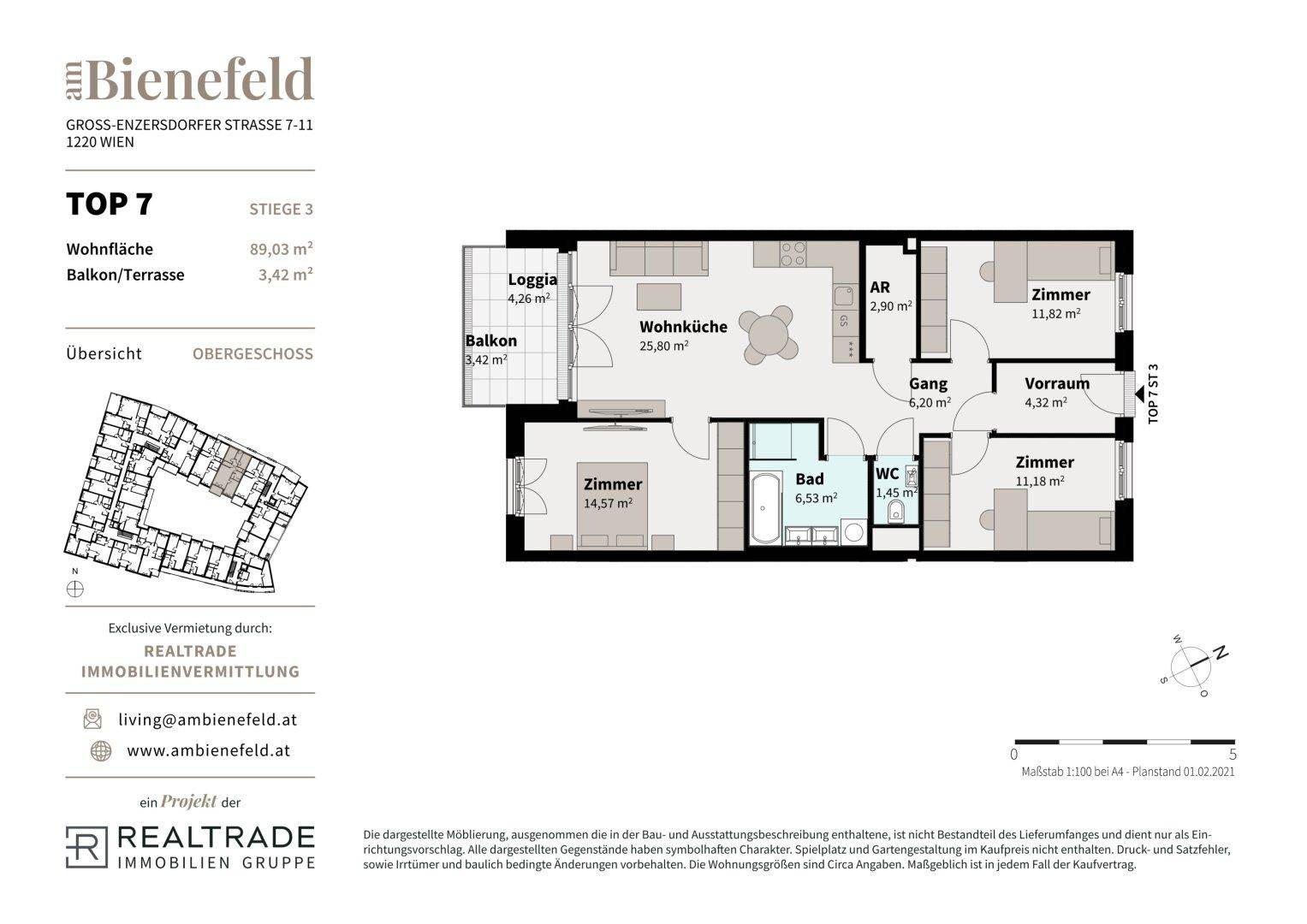 Grundriss der Wohnung TOP 7 mit Loggia und offenem Wohnküchenbereich.