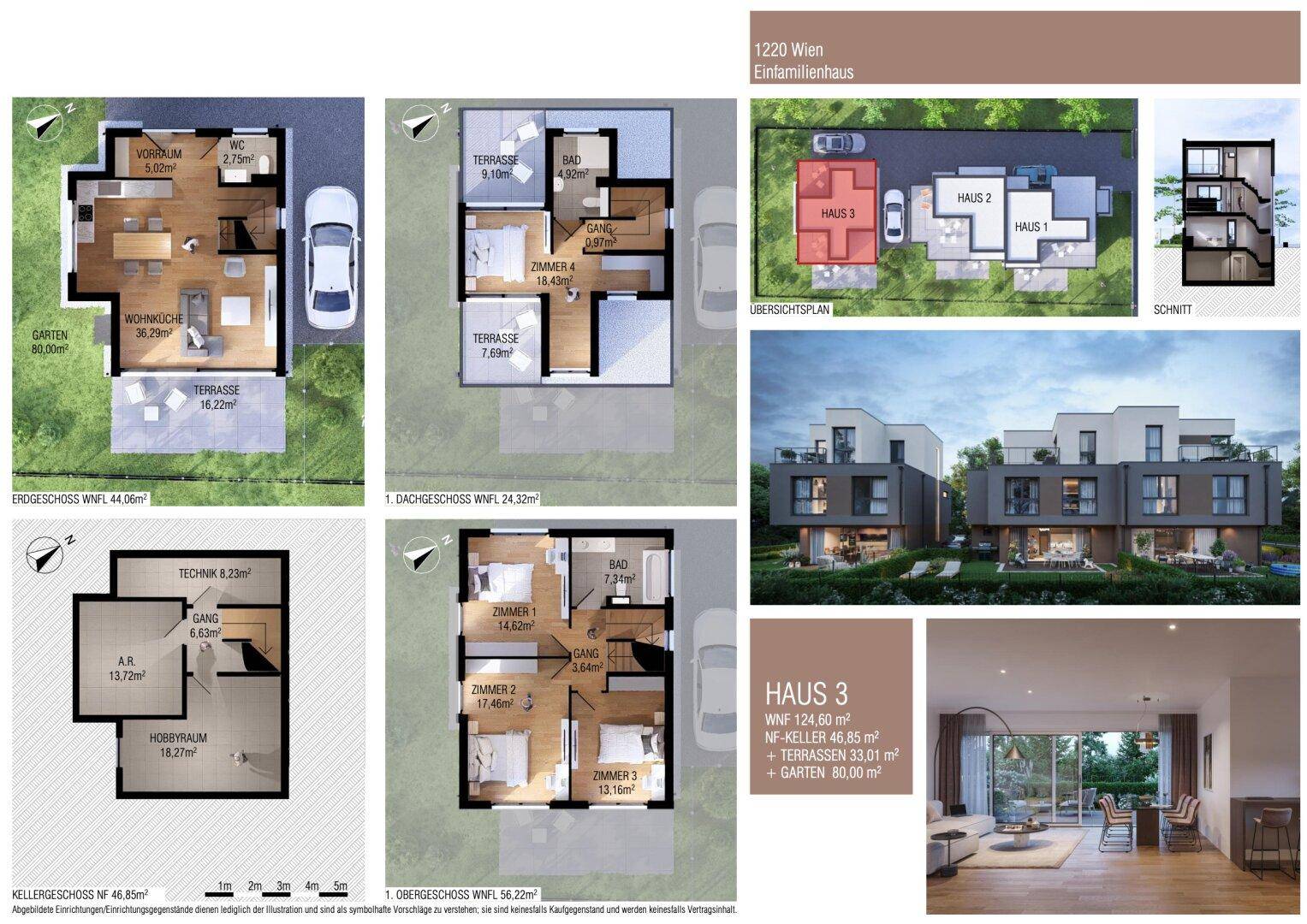 Übersicht der Grundrisse und Visualisierungen für ein Einfamilienhaus in Wien.
