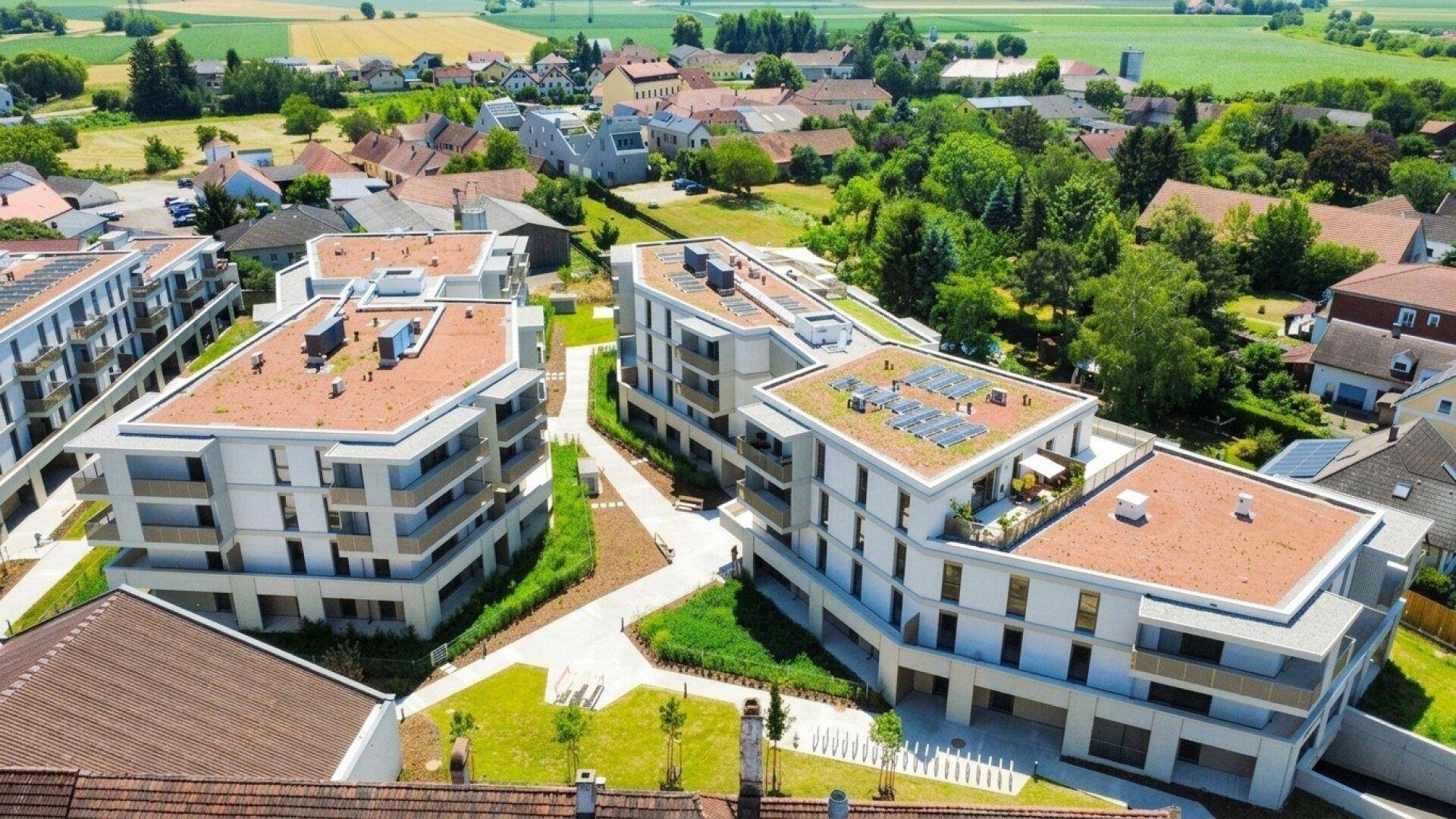 Vogelperspektive der Wohngebäude mit begrünten Dächern und Solaranlagen, eingebettet in eine grüne Landschaft.