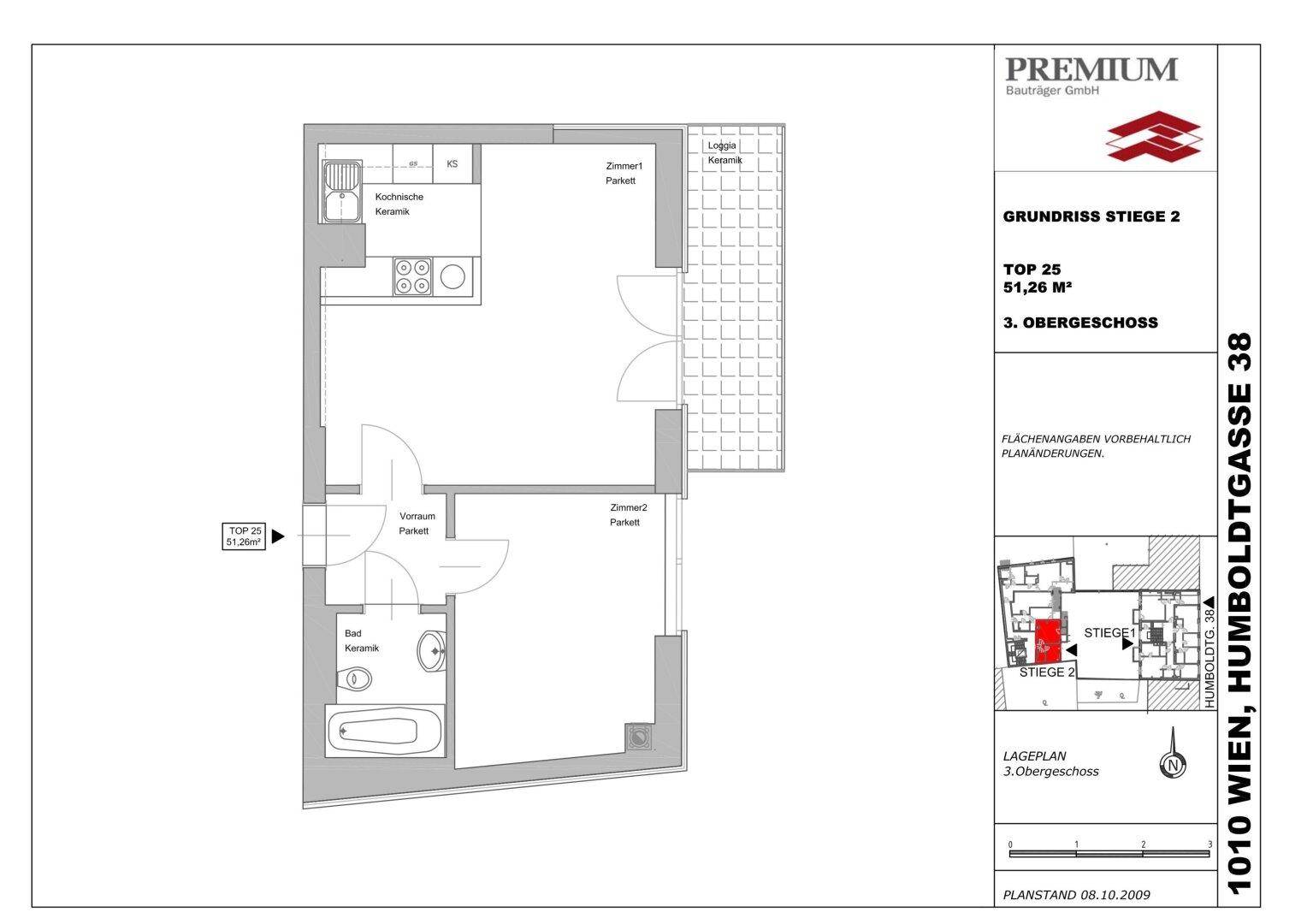Grundriss der Wohnung Top 25 im 3. Obergeschoss mit 51,28 m² Wohnfläche.