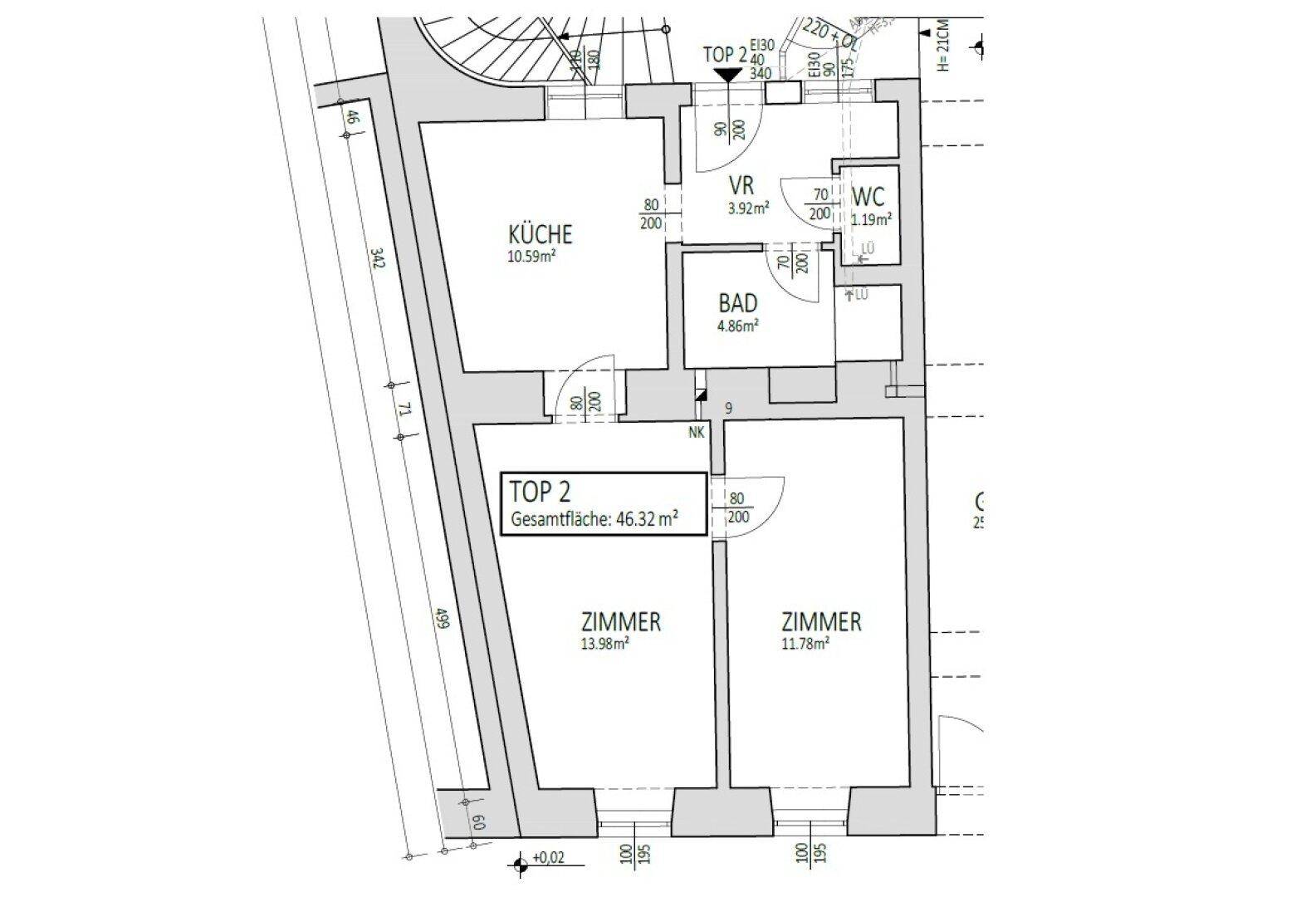Grundriss der Wohnung Top 2 mit Küche, Bad, WC und zwei Zimmern.