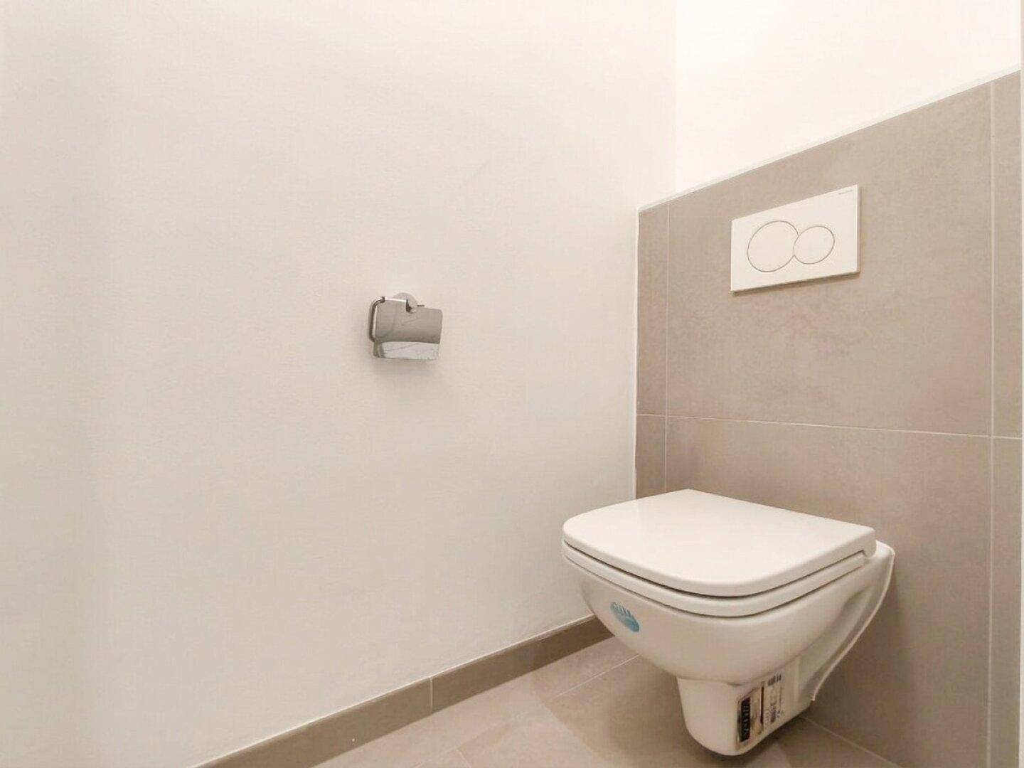 Separates WC mit wandhängender Toilette und modernen Fliesen an der Wand.
