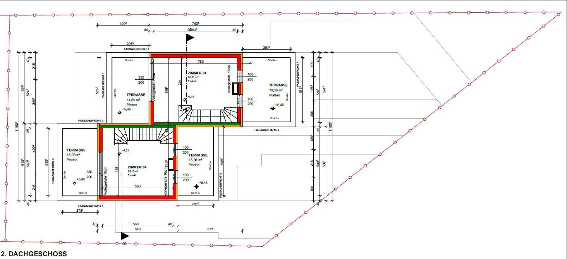 Grundriss des Dachgeschosses mit Terrassen und zusätzlichen Zimmern für zwei Wohneinheiten.