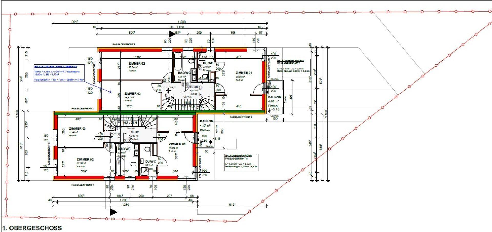 Grundriss des Obergeschosses mit Schlafzimmern, Bädern und Balkonen für zwei Wohneinheiten.