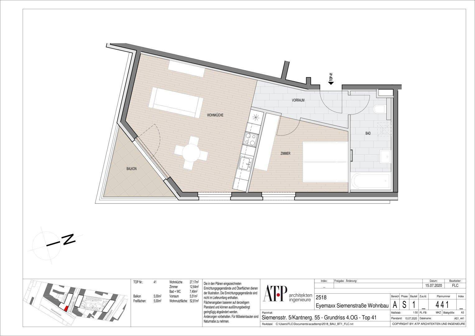 Grundriss einer Wohnung mit offenem Wohnbereich, Balkon und einem Schlafzimmer.