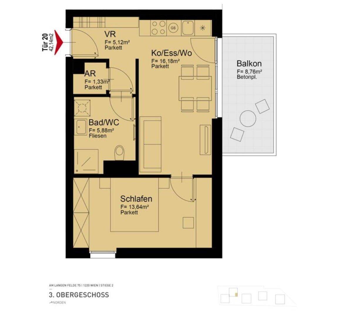 Grundriss einer 42,14m² Wohnung mit offenem Wohnbereich, Schlafzimmer und Balkon.